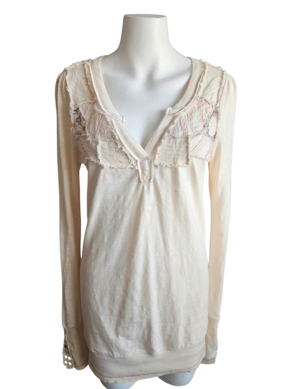 Free People Y2K Patchwork Henley Top Large Raw Edge Boho Romantic Grunge